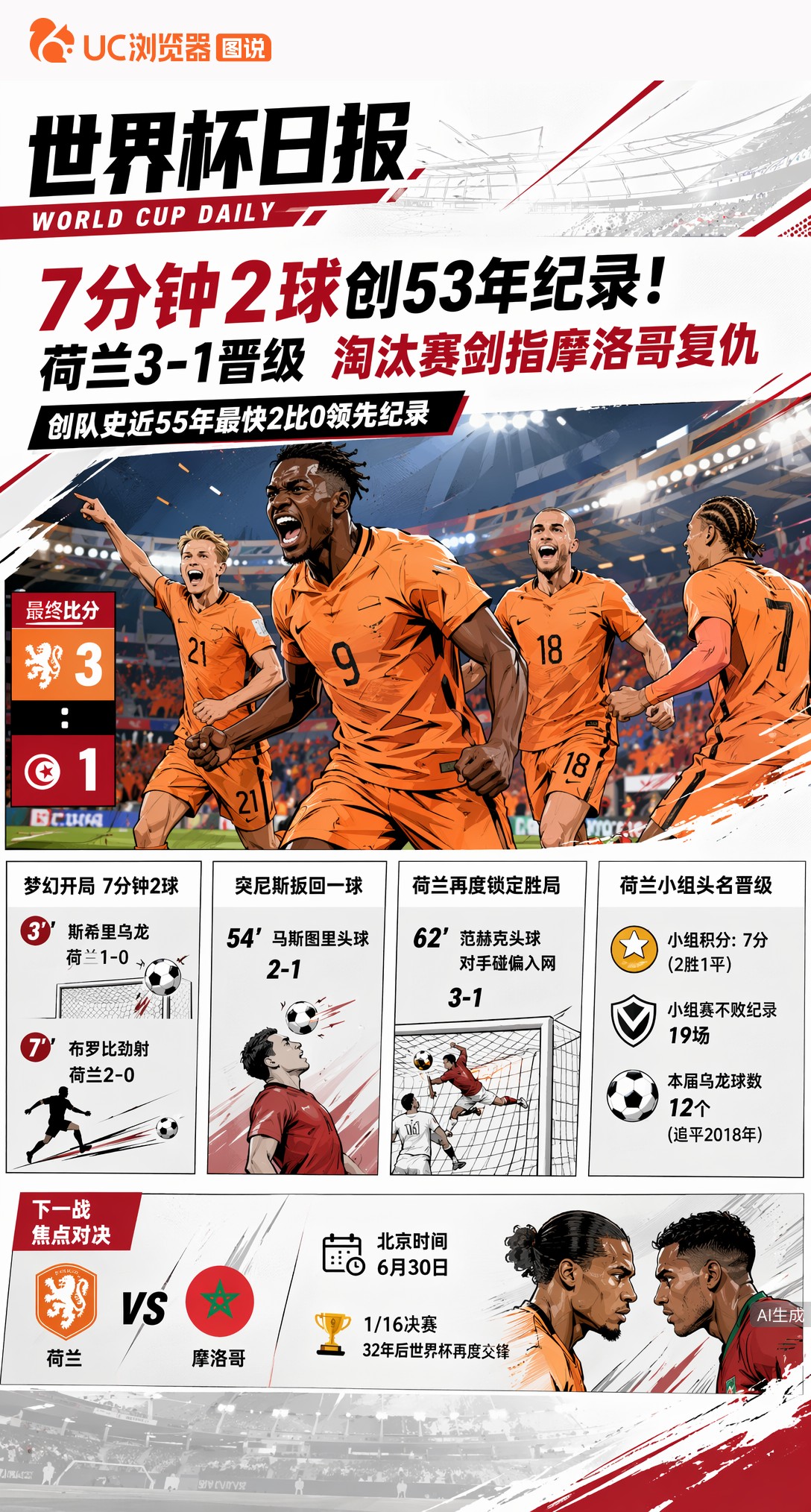 7分钟2球创53年纪录！荷兰3-1晋级，淘汰赛剑指摩洛哥复仇