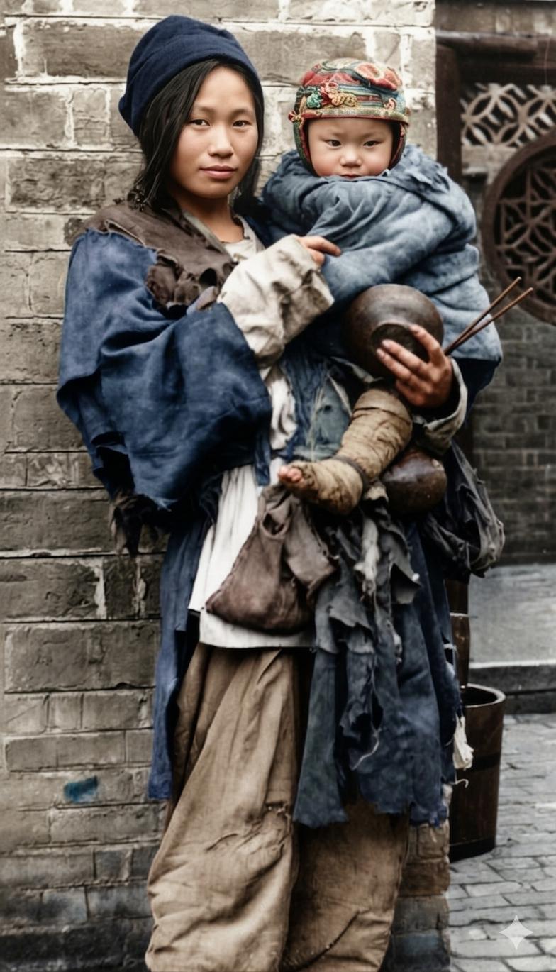 旧上海街头，一位逃荒妇人衣衫褴褛，衣服多处破损、打满补丁，怀里紧紧抱着幼子，妇人