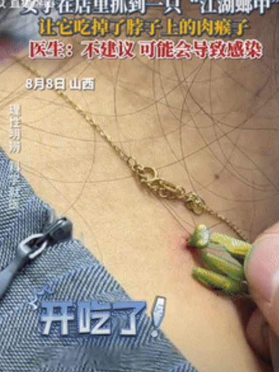这是个狠人！山西，一女子正在店里工作，突然有只螳螂闯了进来，谁料，当同事准备踩死