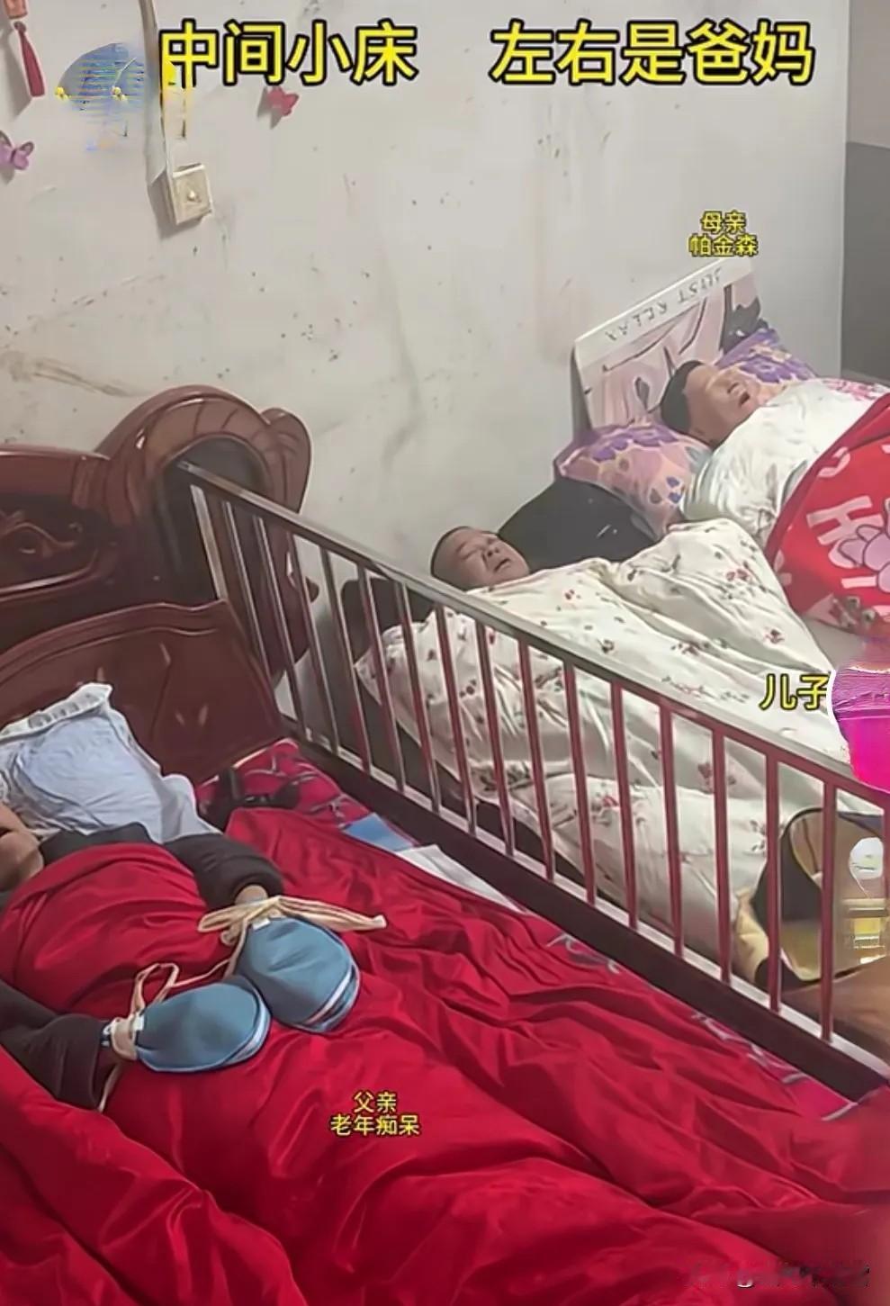 一边是老年痴呆的父亲，一边是帕金森的母亲，中间的小床上是儿子（“我”），幸亏我身