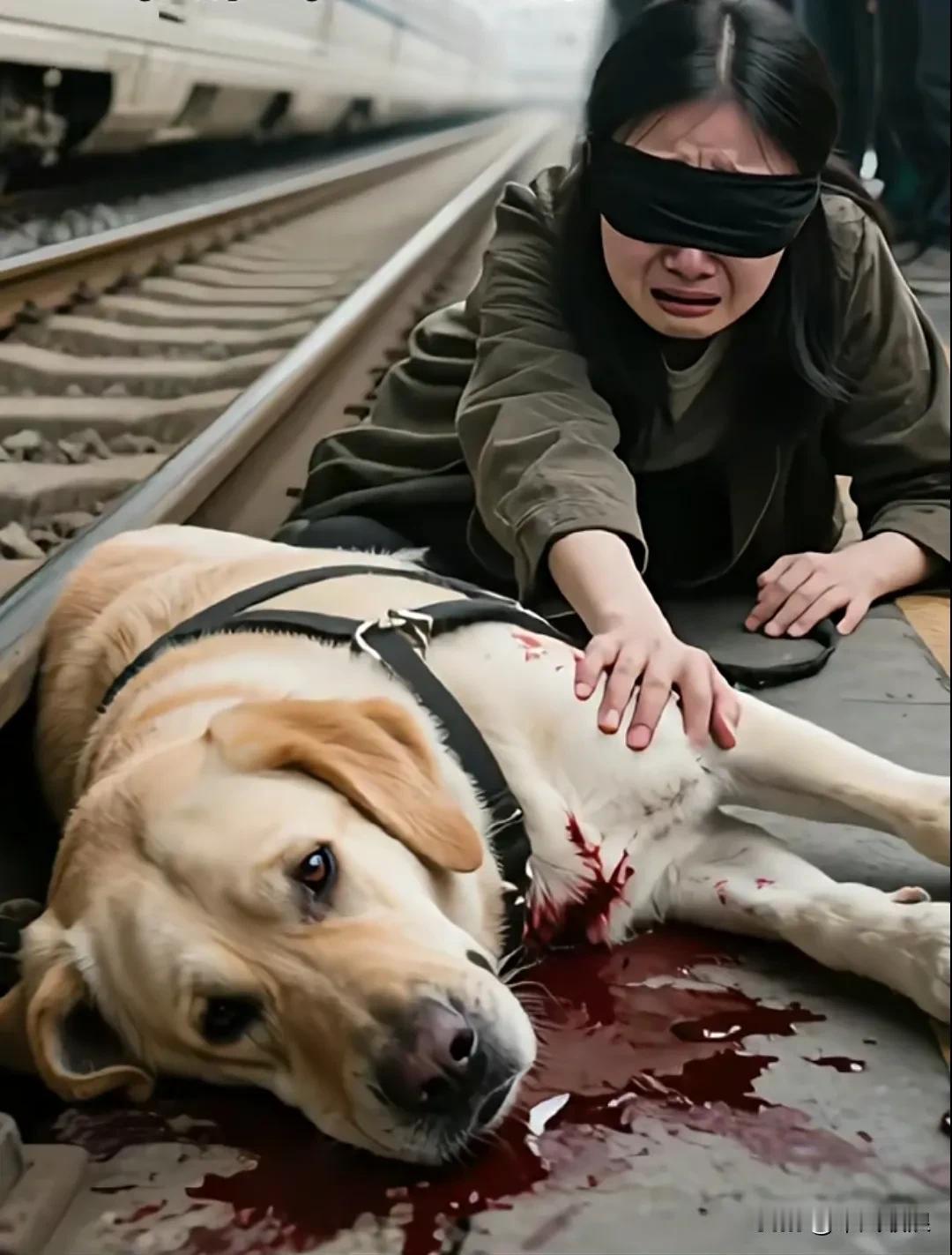 导盲犬为了拯救自己的主人，被一辆火车撞死了。主人摸索着趴过去，摸到了狗狗，也摸到