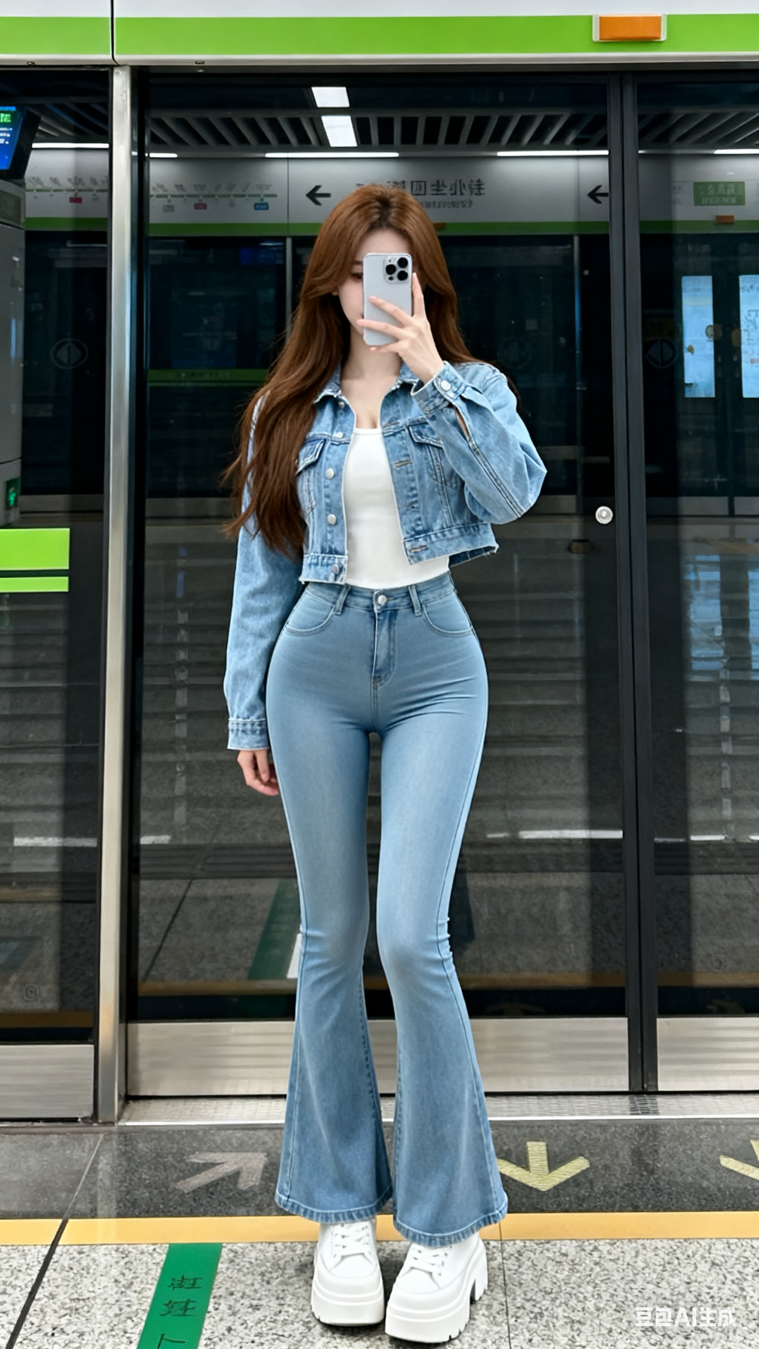 地铁站里，一位小姐姐在自拍。