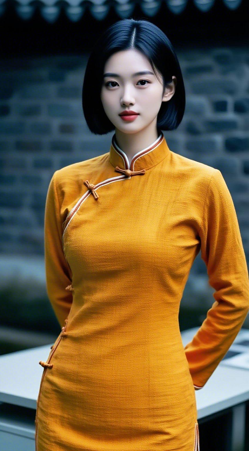 《橘袍里的江南风》青砖巷口的风裹着桂香，落向她身侧——明黄旗袍像浸了秋阳，