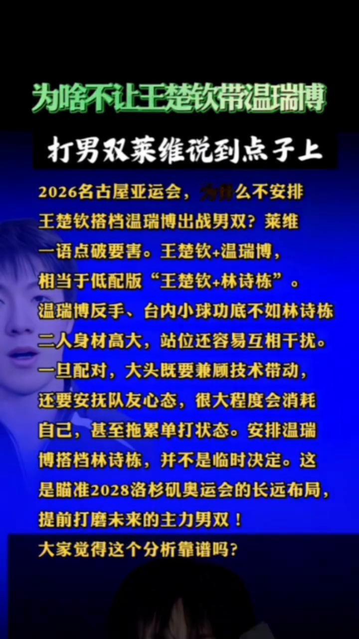 王楚钦搭档温瑞博出战男双？莱维一语点破要害。王楚钦+温瑞博相当于低配版"王楚钦