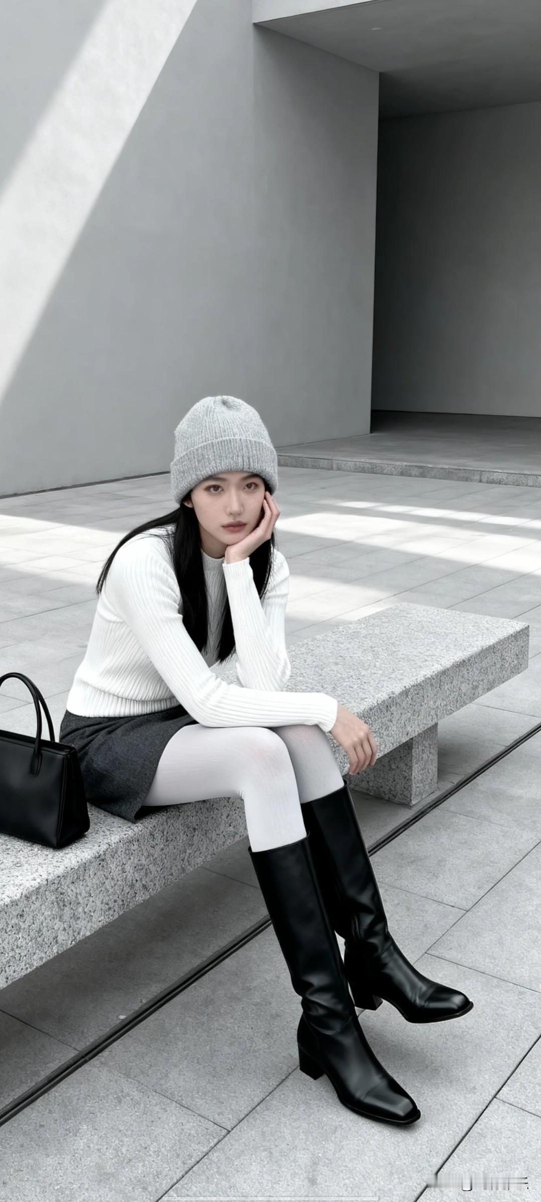 一位女子身着白色修身长袖针织衫，搭配深灰短裙与白色连裤袜，脚踩黑色方头过膝长靴，