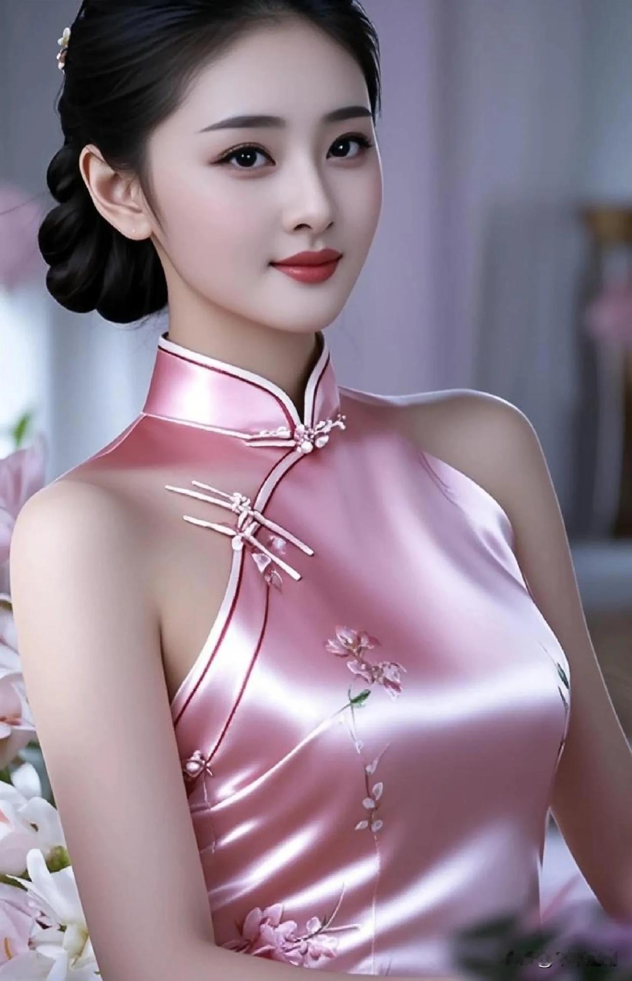 粉缎旗袍漾着柔润光泽，盘扣与枝梅绣纹相映。盘发衬着红唇浅笑，在花簇间，把东方女性