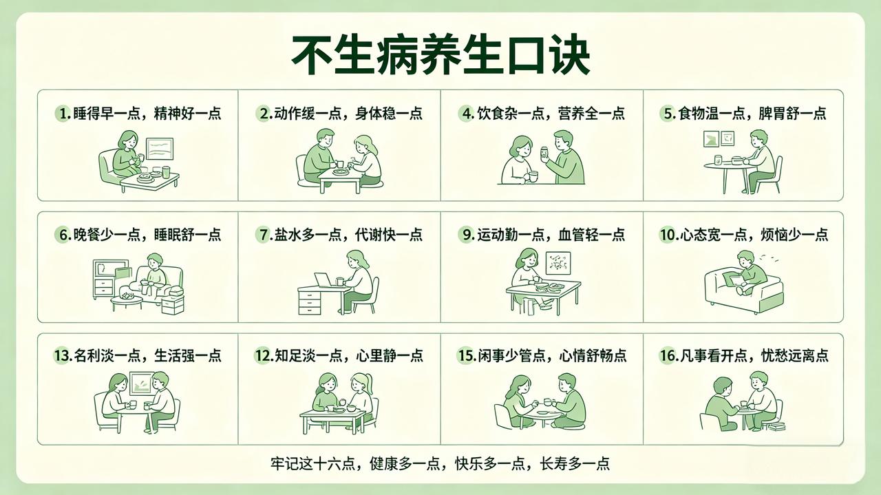 不生病养生口诀1. 睡得早一点，精神好一点！2. 动作缓一点，身体稳一