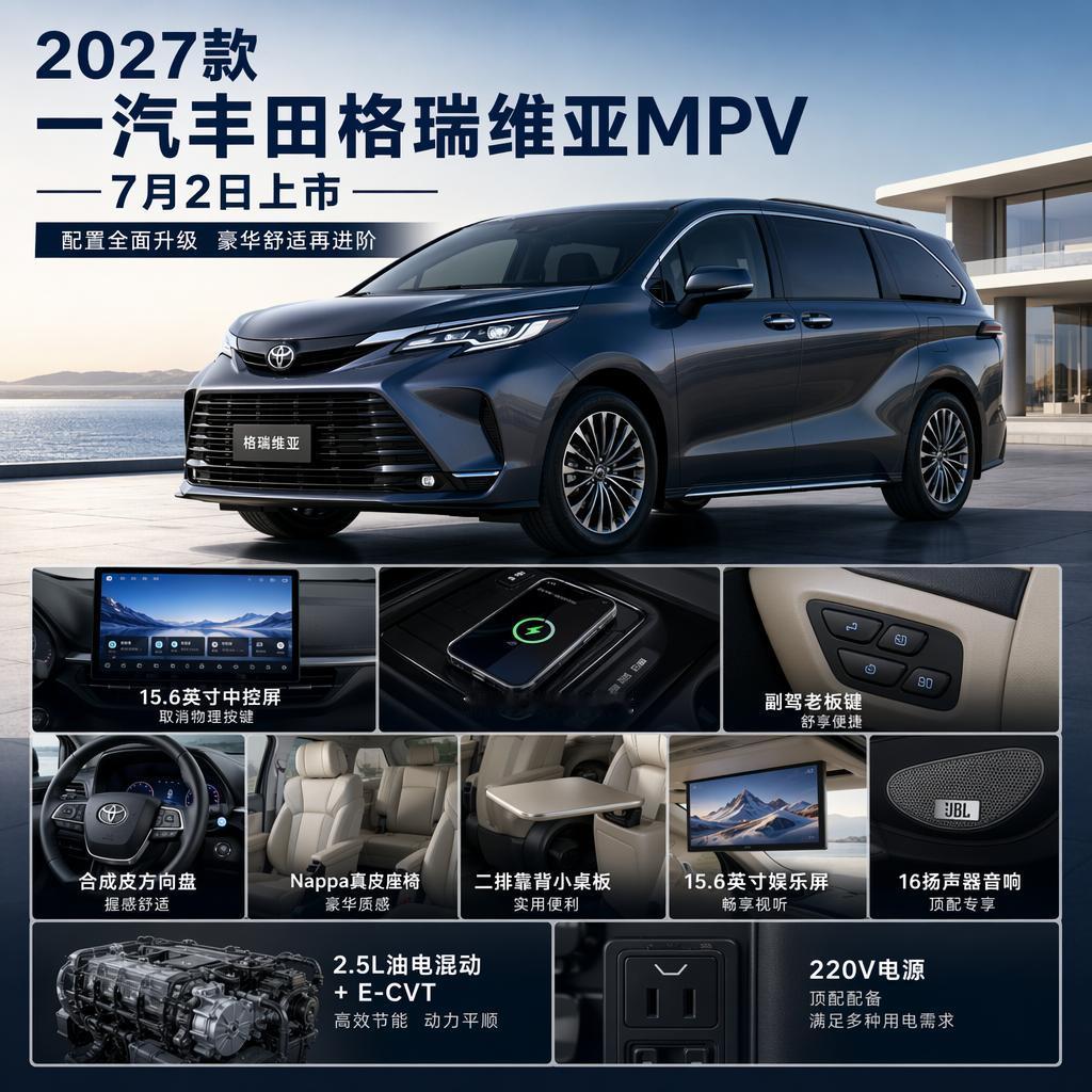 7月2日正式上新，2027款格瑞维亚全面升级座舱，混动家用MPV补齐