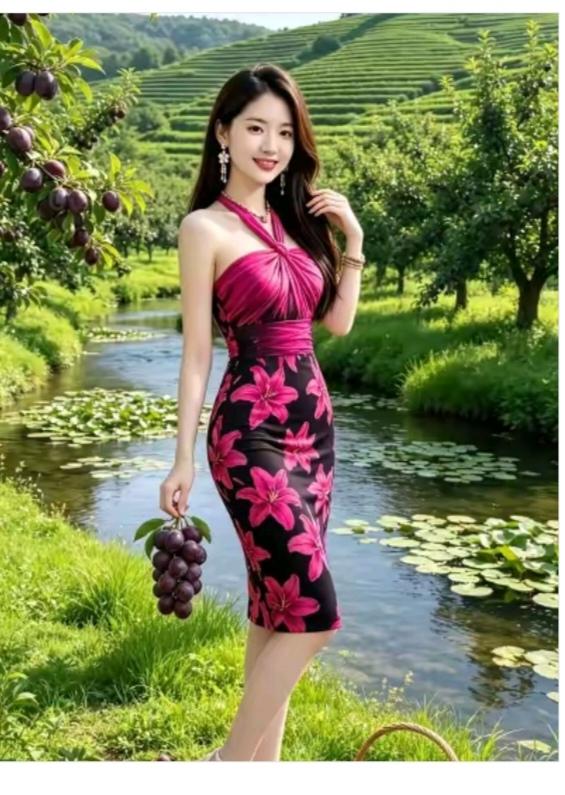 景美人更美有山有水有树林；景色还是真谜人；美女手在提葡萄；瞬间拍照留个影
