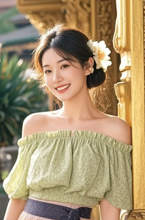 露肩上衣+长裙飘逸，她在异域风情中演绎东方温婉