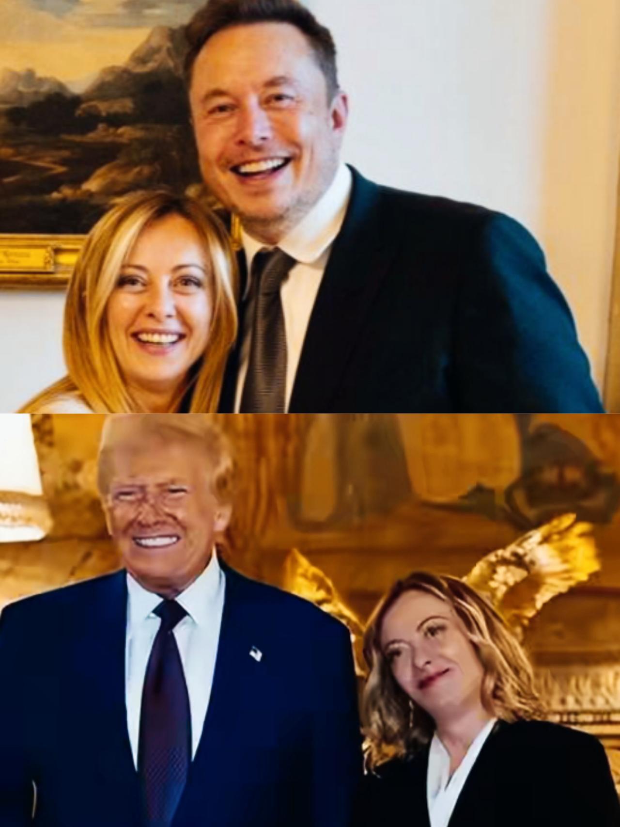 梅洛尼与特朗普和马斯克合影时，完全是两种状态啊！梅洛尼和马斯克合影时，满脸笑容