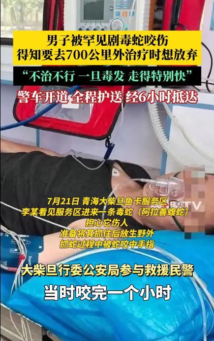 “这民警火了！”7月21日，青海大柴旦，男子在服务区被毒蛇咬伤手指，随后他带着毒
