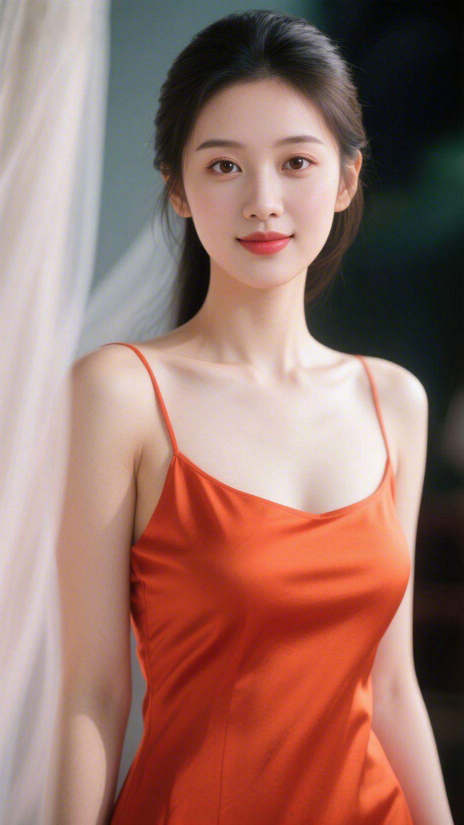 橘红缎裙漾清辉柔光漫过素色帘幔，一袭橘红色缎面吊带裙似揽住了落日的暖芒与温