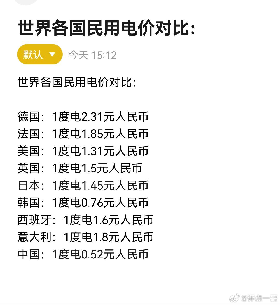 世界各国民用电价对比幸福满满的种花家！公知过来看看，怎么破？