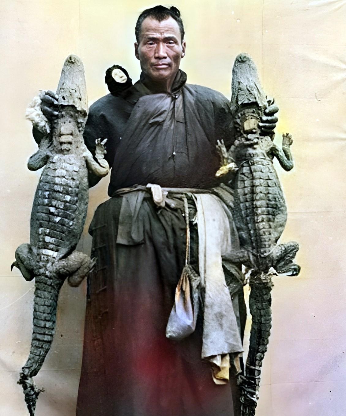 晚清，一名男子猎获了两条鳄鱼。鳄鱼体型虽然不大，但能猎获到这样的鳄鱼也十分不容易