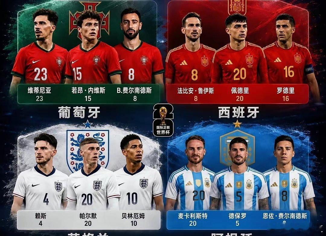 2026年世界杯四大顶级中场组合！阿根廷:恩佐麦卡利斯特德保罗！葡萄牙:维蒂
