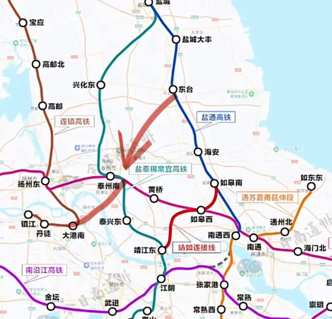 盐城西向不管向南通过如皋南至如皋西联络线接上北沿江还是需要绕行100多公里的高铁