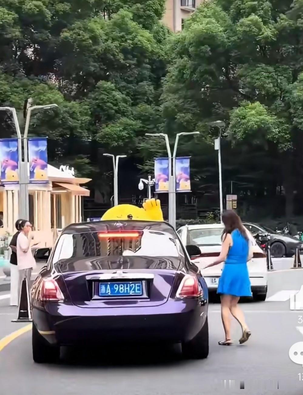 宗馥莉简直就是女王出巡察吧，蓝裙子配紫色劳斯莱斯，这配色一般人真压不住，但她愣是
