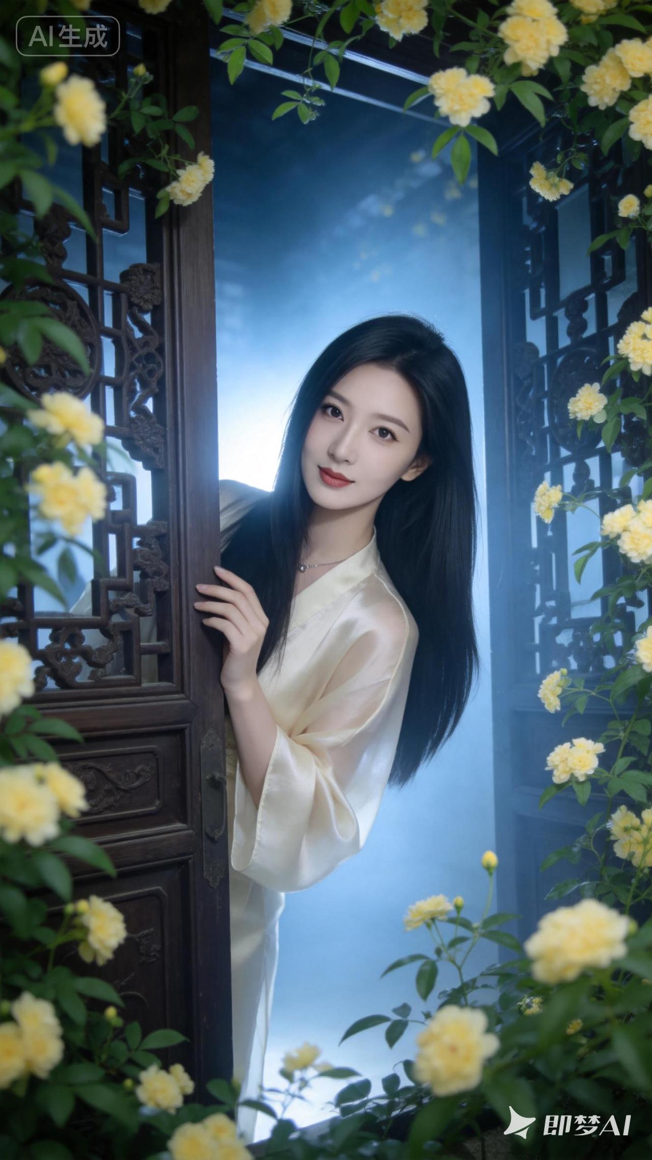 优雅东方美人，花影摇曳间，尽显古典韵味。