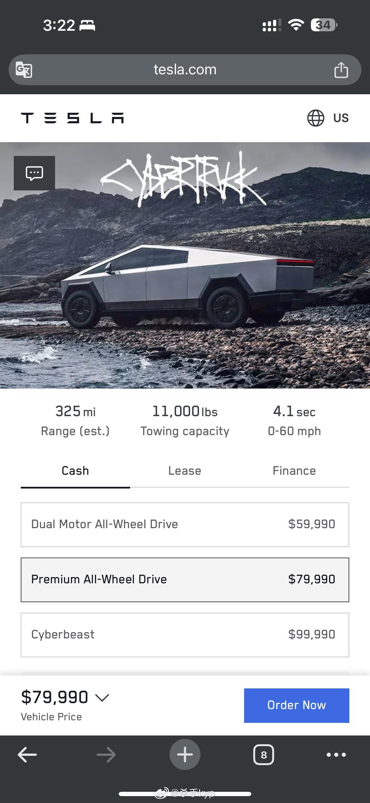 赛博皮卡降价了双电机全轮驱动版，在北美价格变为：5.999万刀Premium高