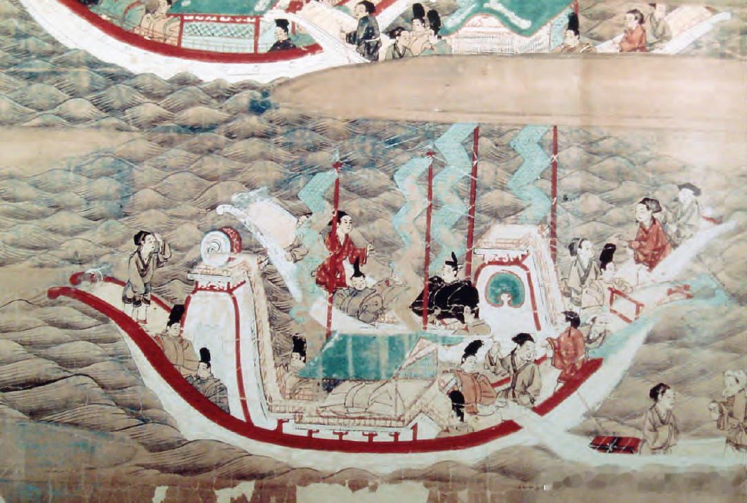 8-9世纪日本遣唐使乘船渡海情形。从630年（大化二年）开始，到894年止，日本