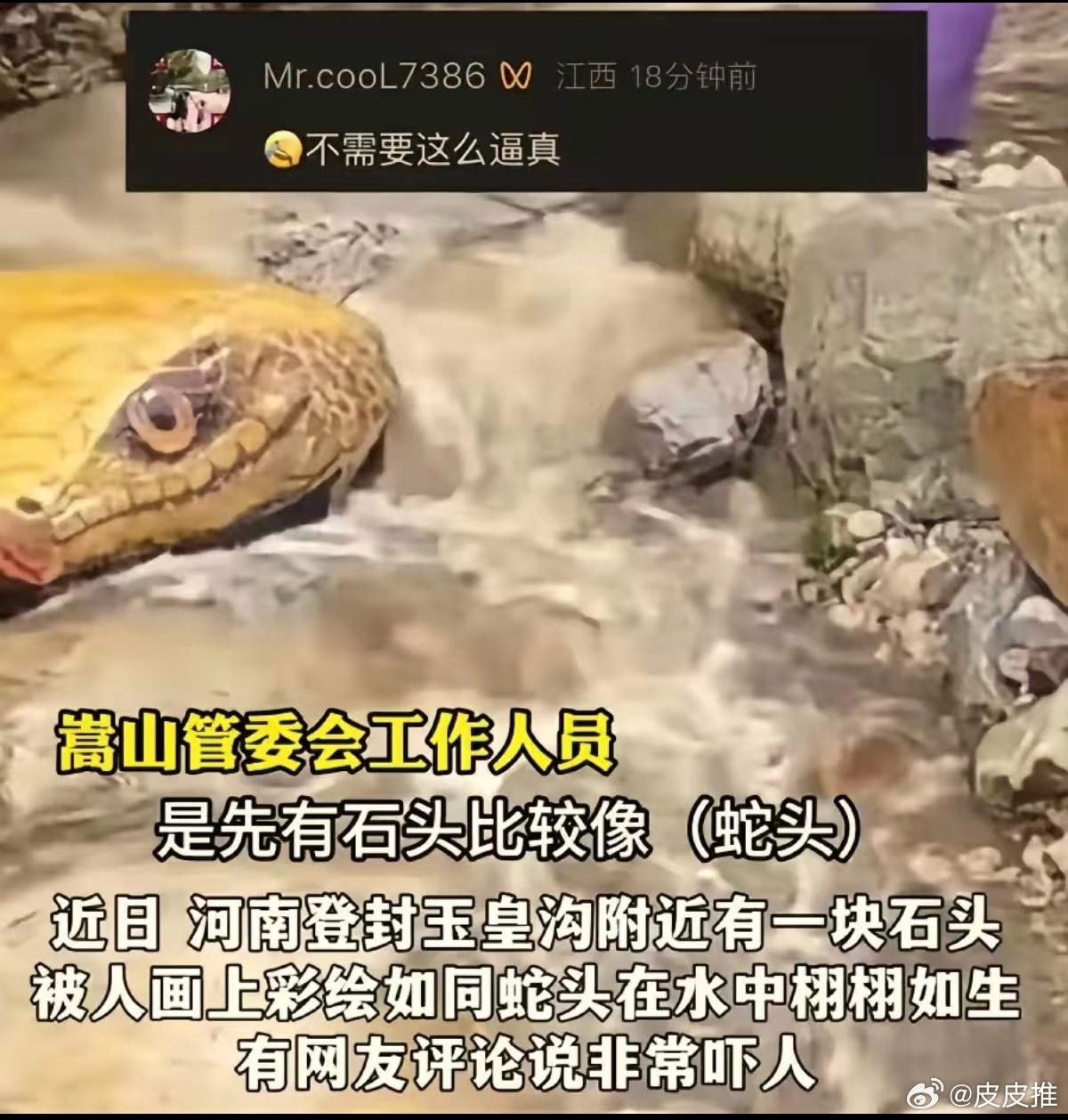嵩山一景区巨型蛇头已被覆盖能看出这位画师的水平确实很高，但画的太逼真了也不好，胆