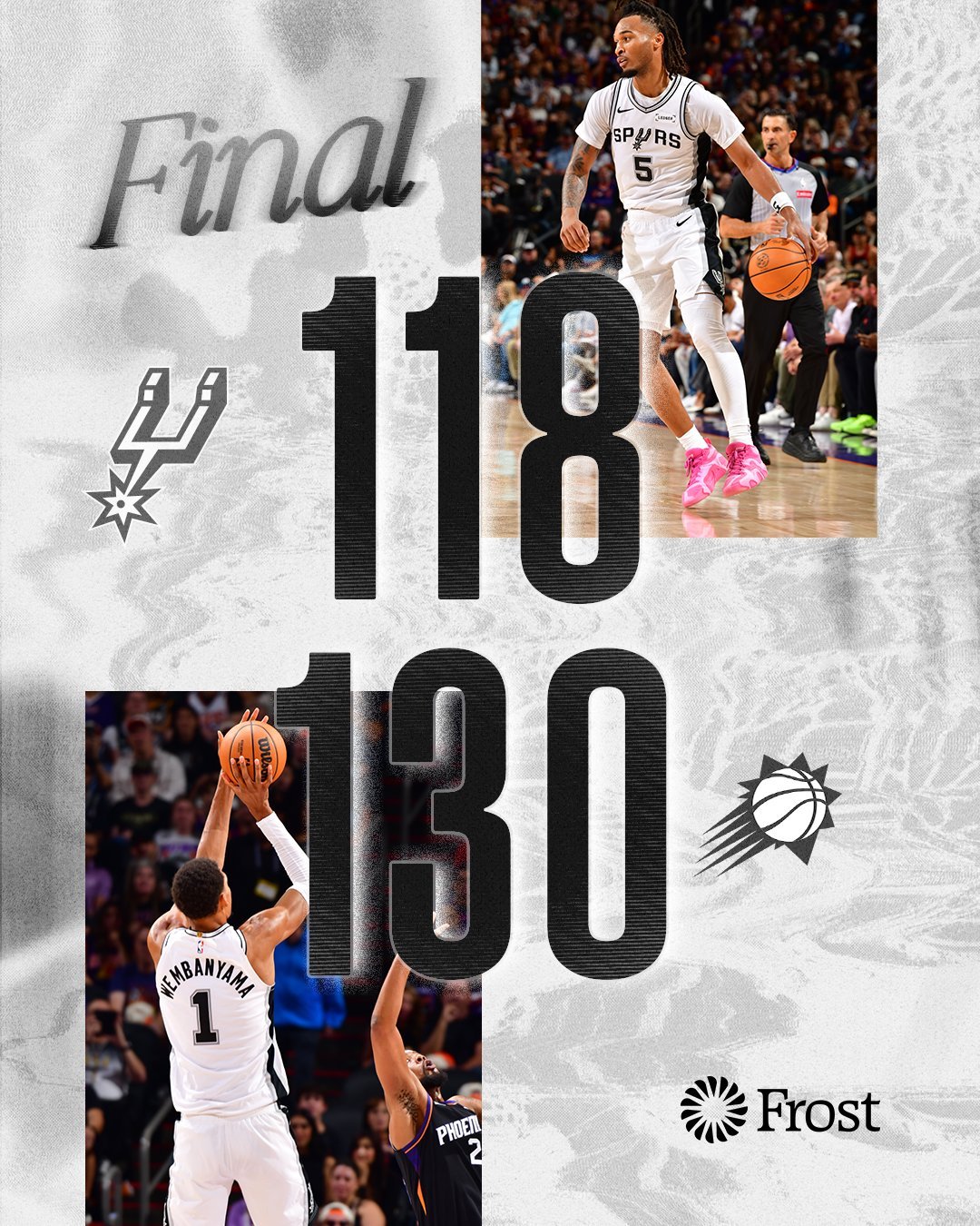 全场比赛结束！马刺客场118-130不敌太阳，终结开季5连胜马刺（5-1