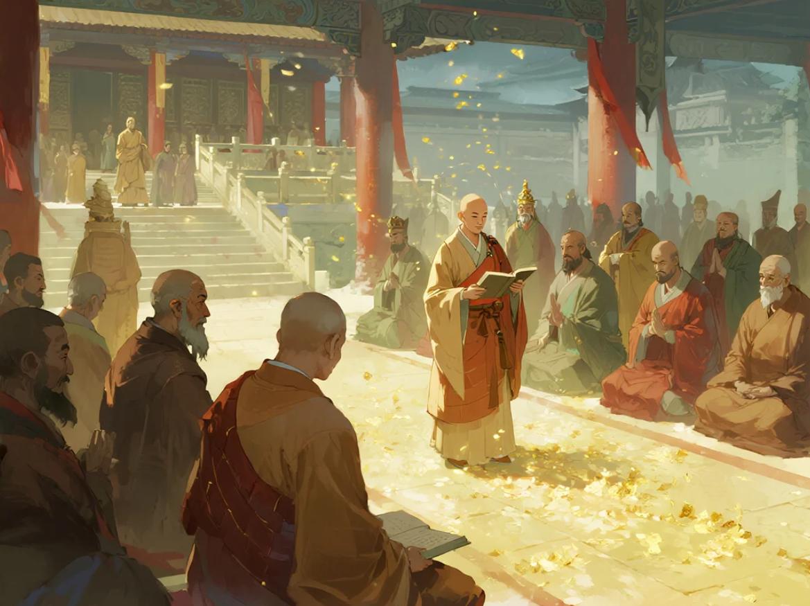 公元641年，戒日王组织全印无遮大会，请大唐玄奘当论主。玄奘挂出辩经论题，宣称如