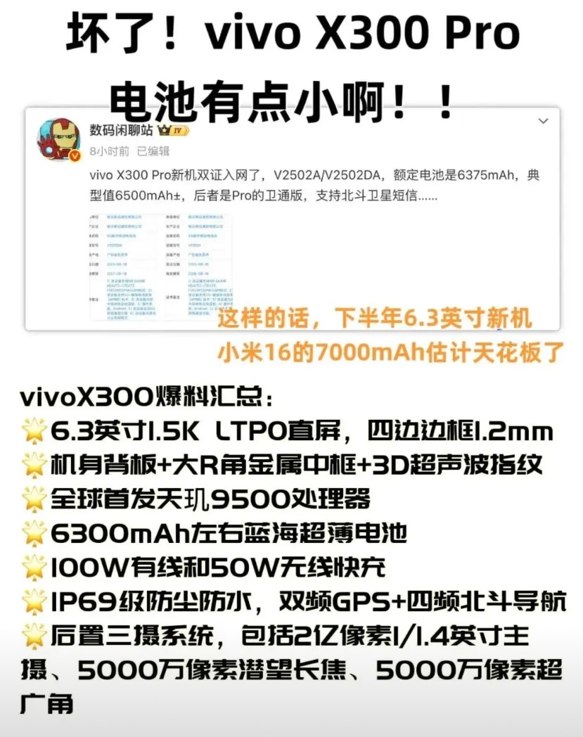 坏了！vivoX300Pro的电池有点小啊！听说vivoX300pro已经