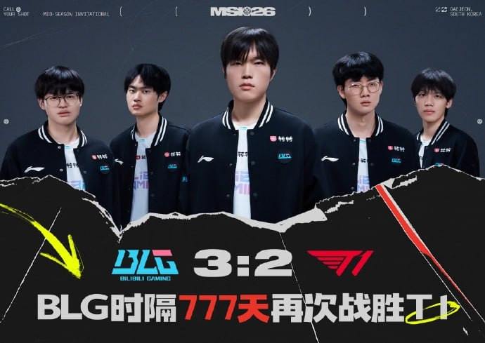 英雄联盟恭喜BLG时隔777天再次于国际赛BO5中战胜T1，上一次也是MSI淘
