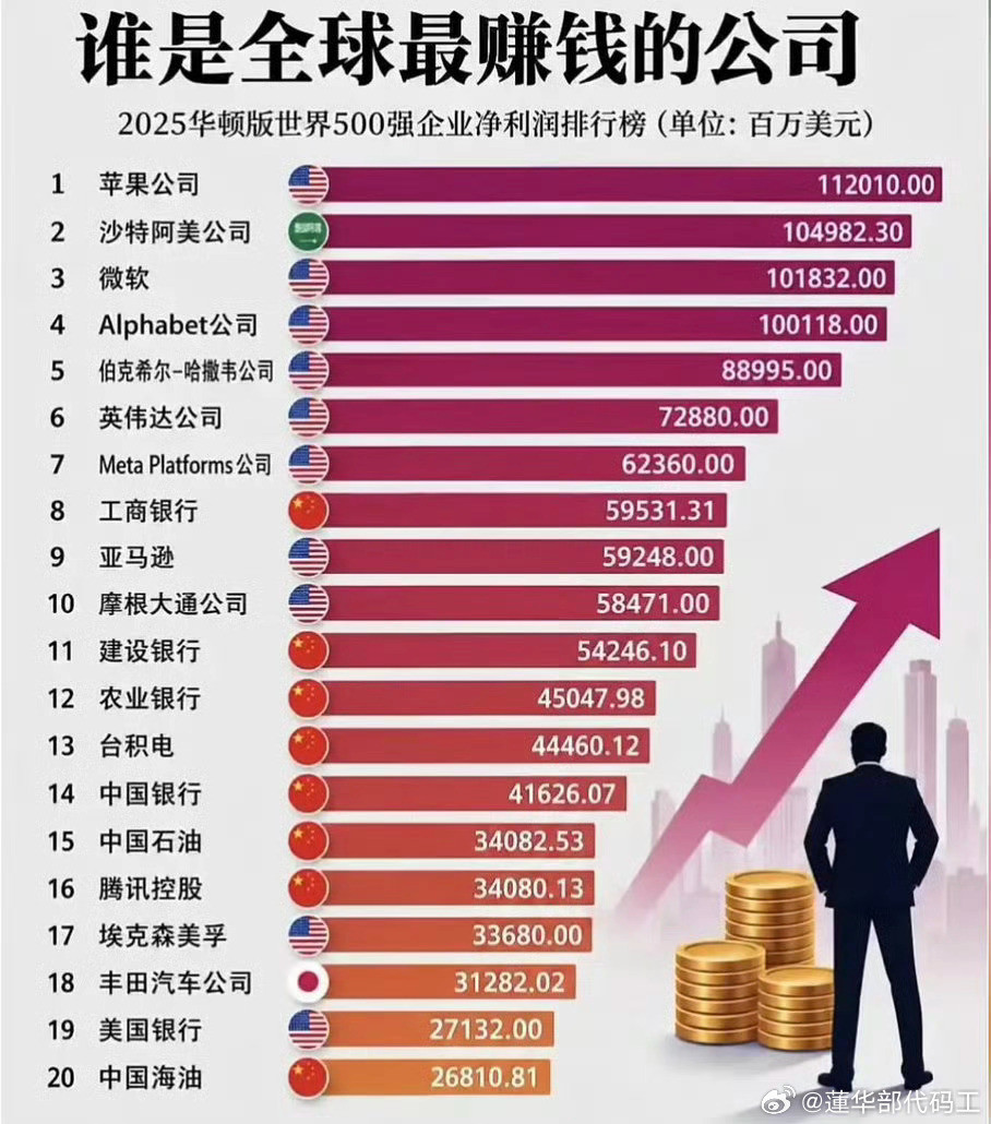 【2025华顿版世界500强企业净利润排行榜】前20名榜单，统计单位为百万美元，用来展示全球净利润最