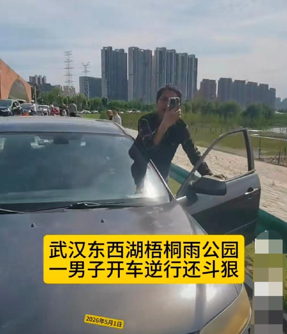 5月1日，湖北武汉，网友发视频称，梧桐雨公园旁的府河堤，一男子开车逆行，导致堵车