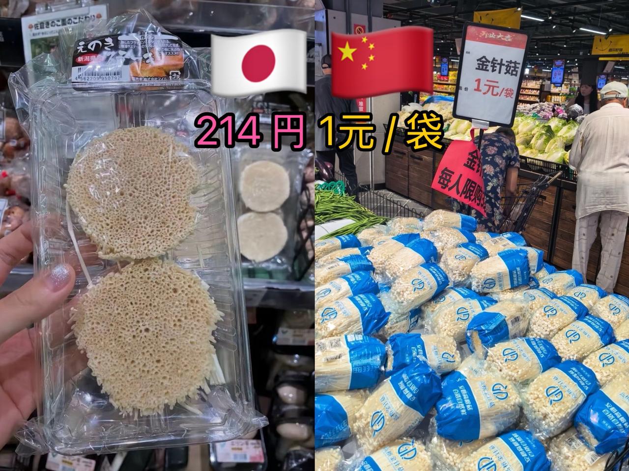日本214日元，一包金针菇屁股VS中国1元人民币，一大袋金针菇目前1人民