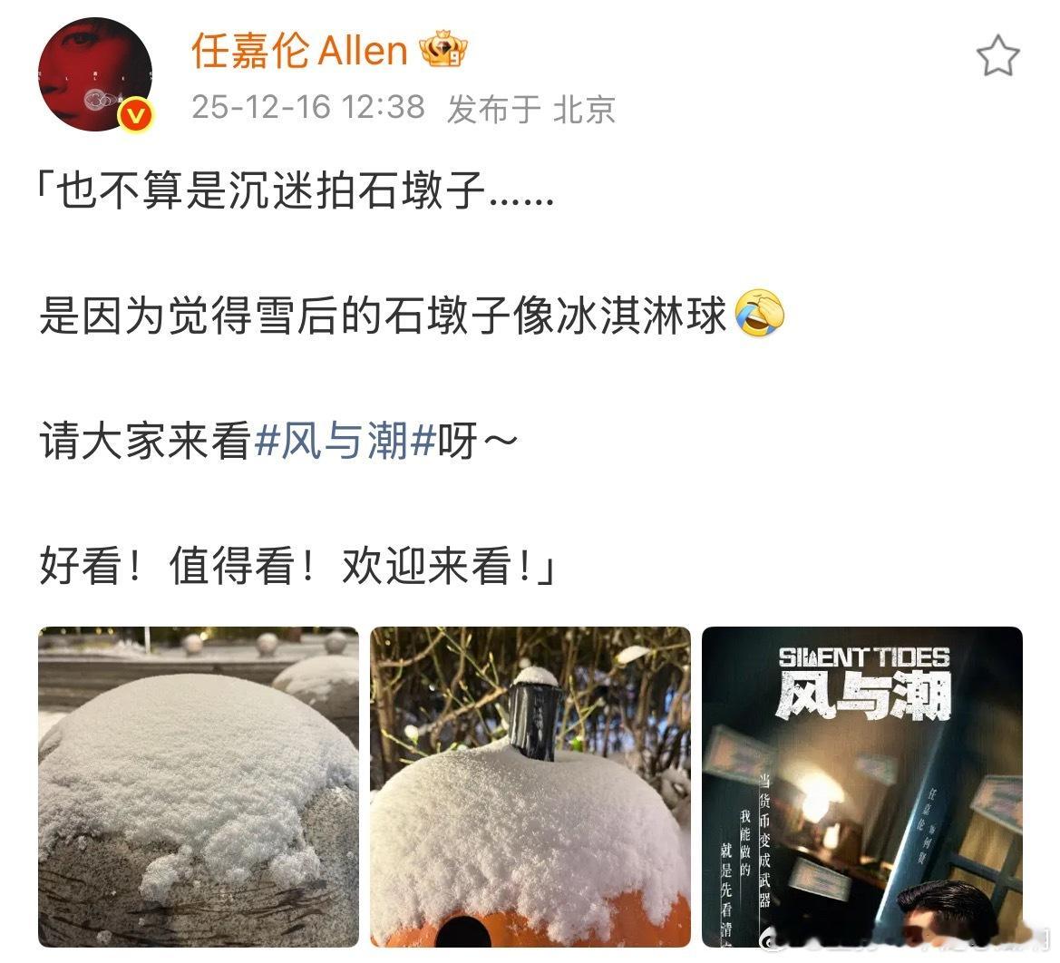 任嘉伦营业，像冰淇淋球的石墩子，也不放张自拍！都来看风与潮就对了，好看！