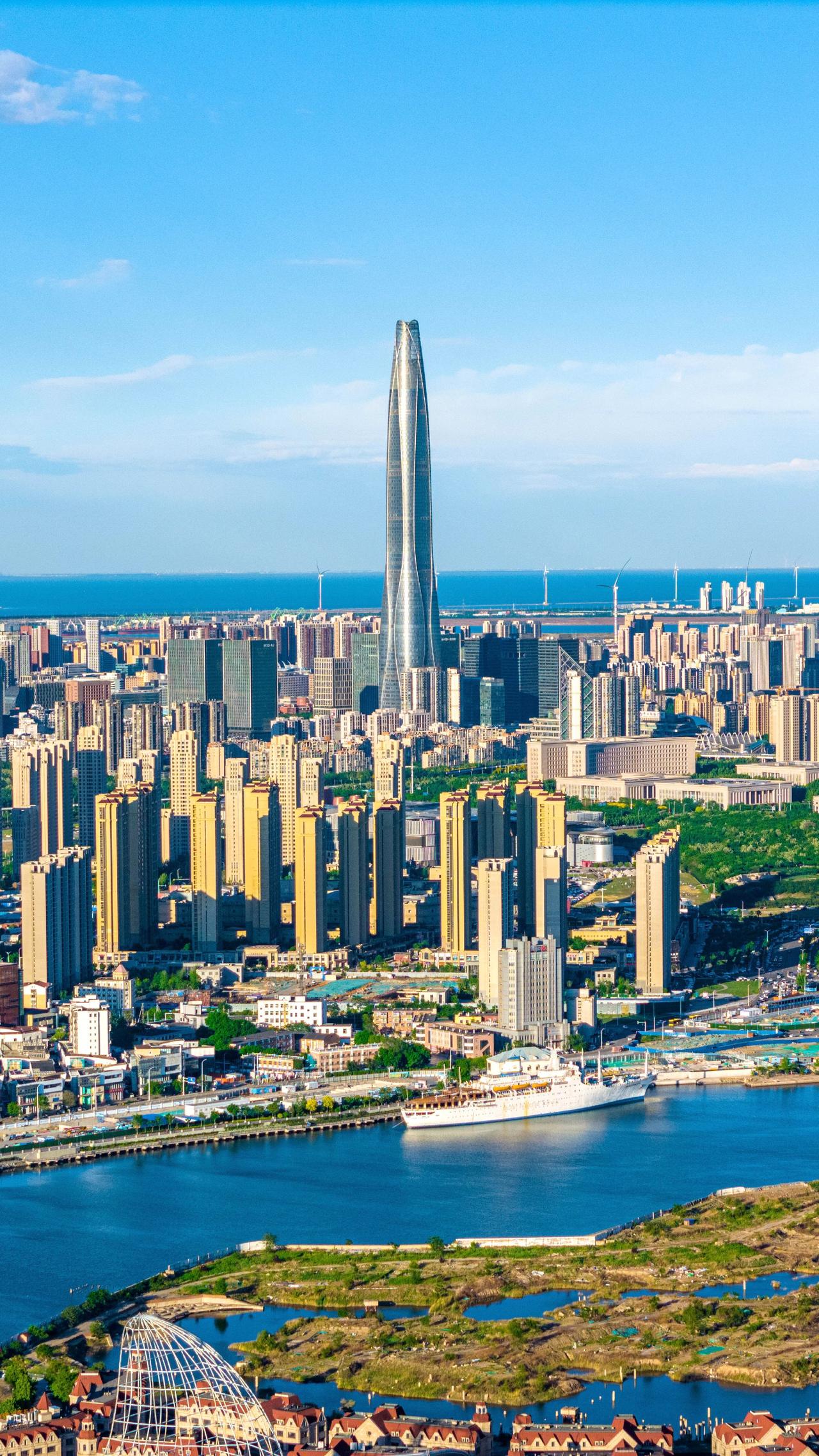 摄影航拍城市的天际线天津滨海新区