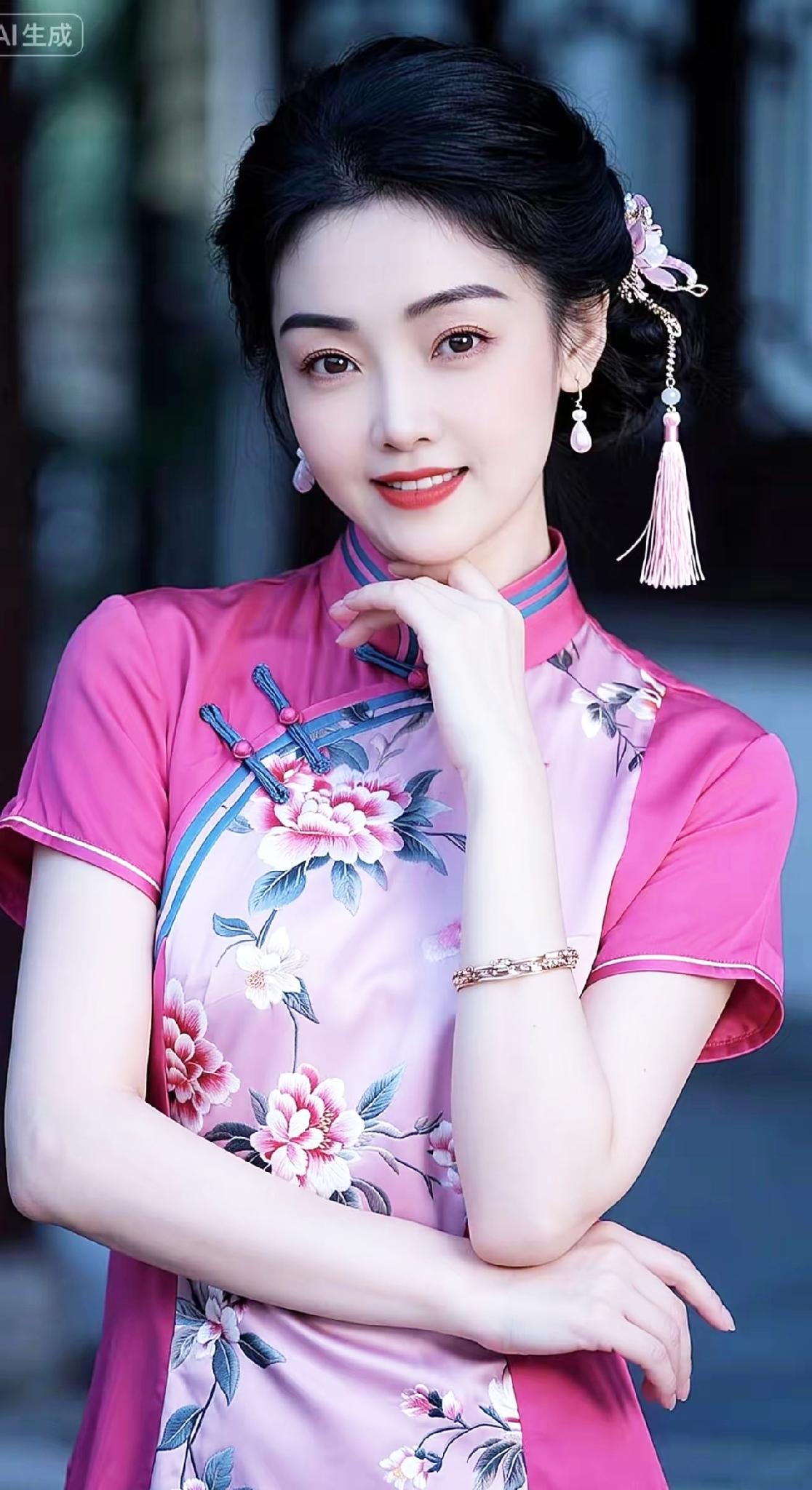 粉嫩旗袍少女，优雅气质满分！🌸💄👗