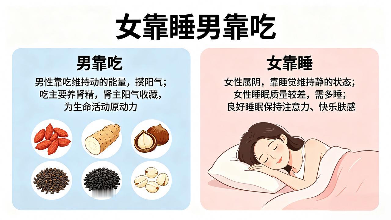 男靠吃，女靠睡！男靠吃……男主阳、主动，日常需靠饮食补足能量、积攒阳气。