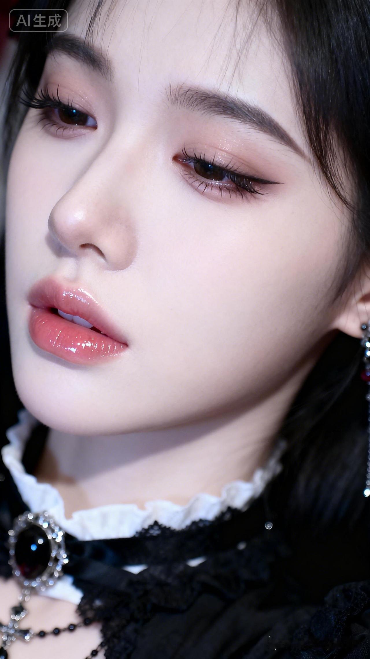 美女肤如脂玉，五官精致，唇润睫长，穿搭精饰，娇羞疲惫样子，神情略显忧郁。