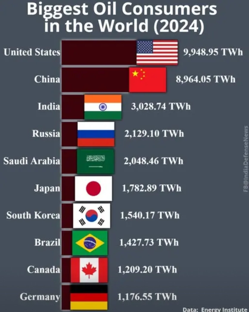 世界上最大的石油消耗国，美国高居第一，中国第二，印度第三。但是，美国的人口不到中