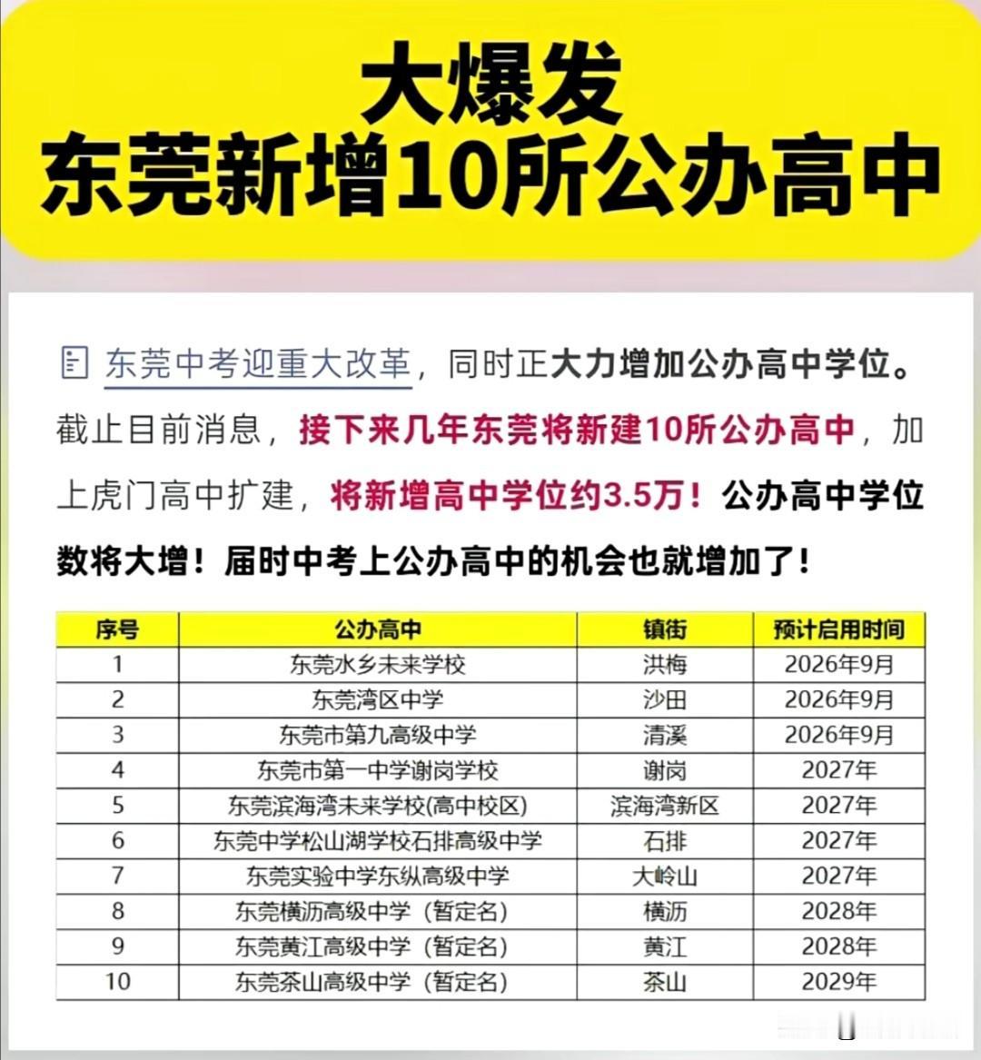 2029年前，东莞市将新增10所公办高中。连续4年获评新一线城市的东莞，在诸多