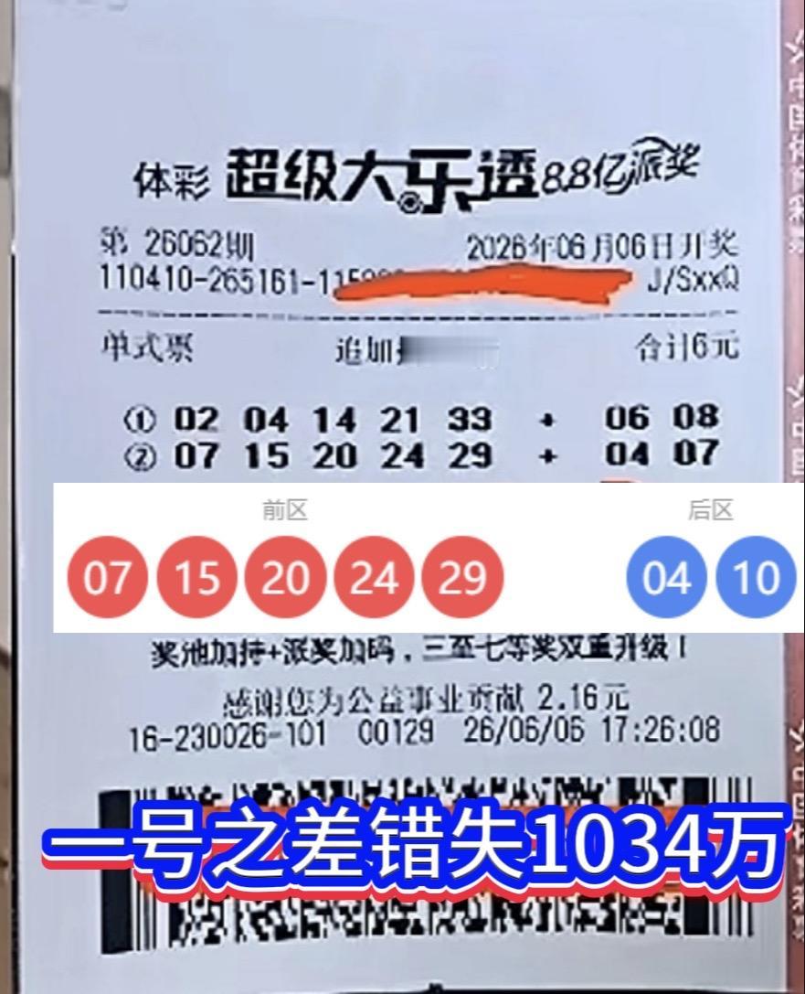 一号之差，咫尺天涯！河南彩友错失千万大奖。6月6日，大乐透26062期开奖，