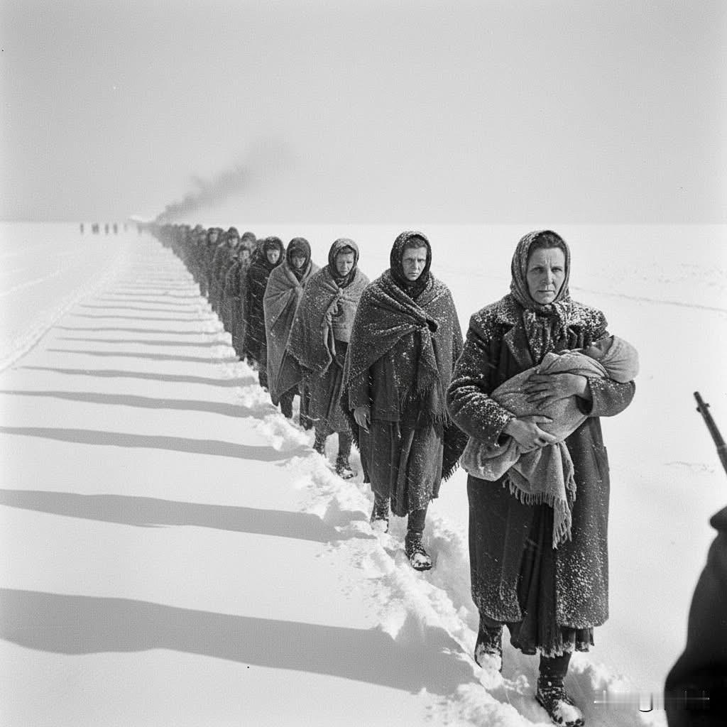 这张照片记录了二战末期纳粹撤离集中营囚犯时发生的一次“死亡行军”的悲惨瞬间。这张