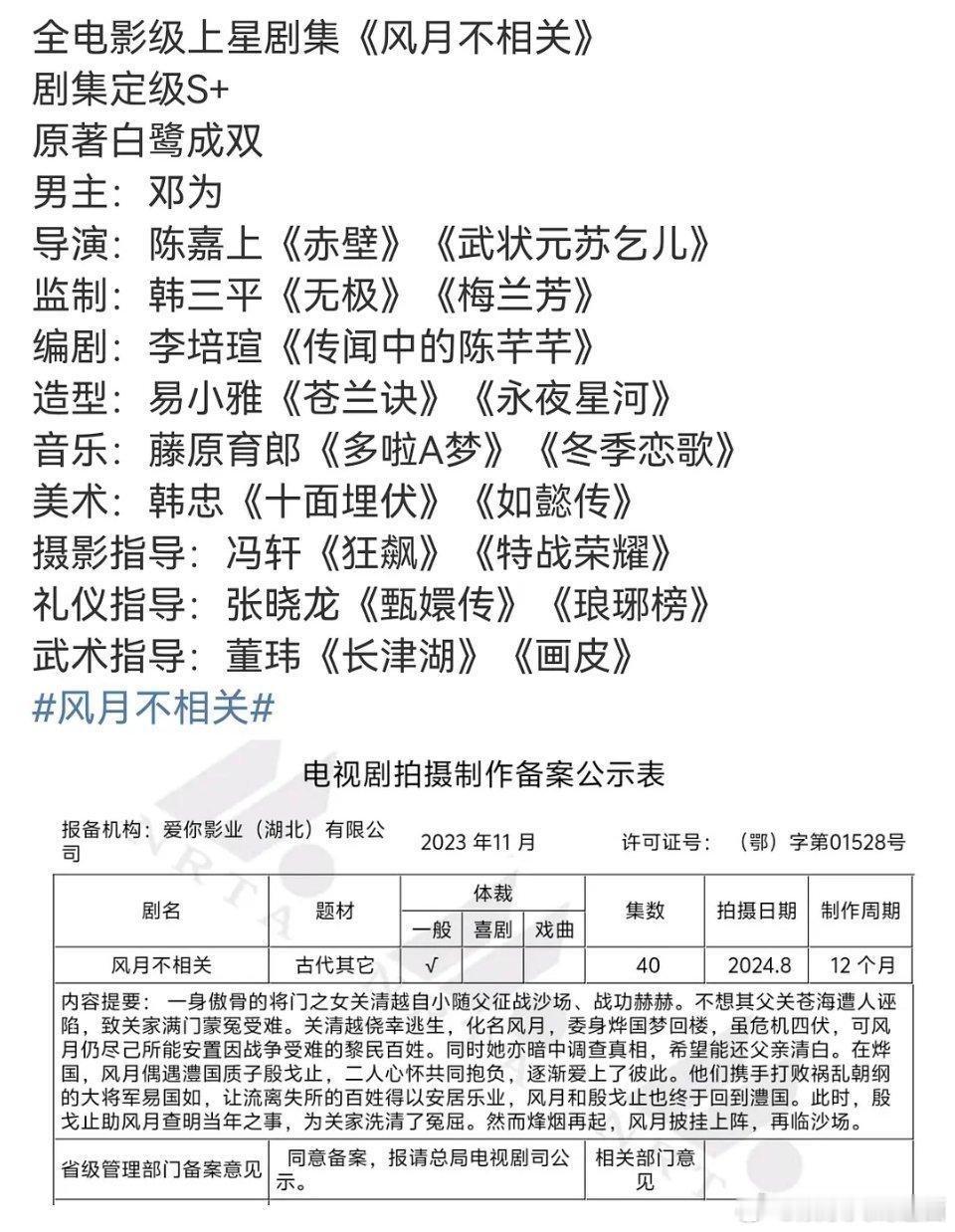 邓为《风月不相关》定了！这么牛的全电影级班底，怪不得把有些生粉气得全网发假🍉造