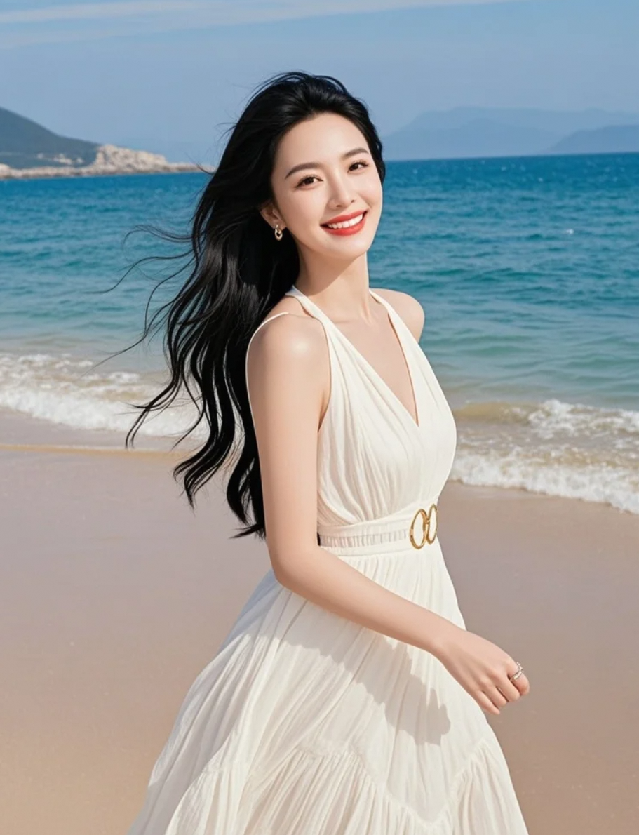 她在沙滩上，背景是无边的蔚蓝
