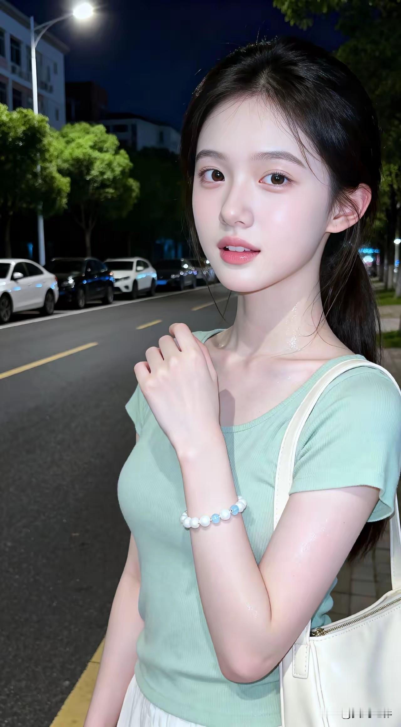光之影夜晚街头的清新少女，浅绿色上衣搭配白色包包，甜美可人。少女感白衬衣白