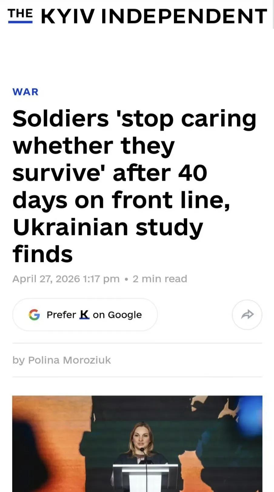 乌克兰《基辅独立报》报道称，根据他们的统计分析，乌军士兵只要在战场上存活40天以