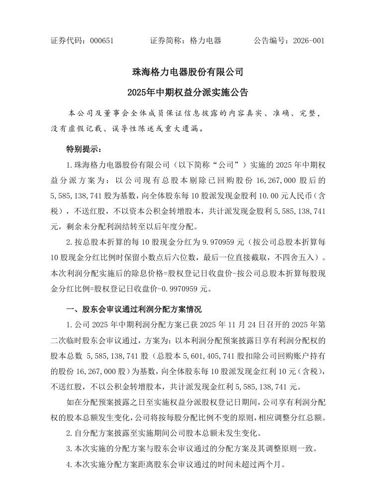 格力电器今晚公告称，公司2025年中期权益分派方案为：向全体股东每10股派发