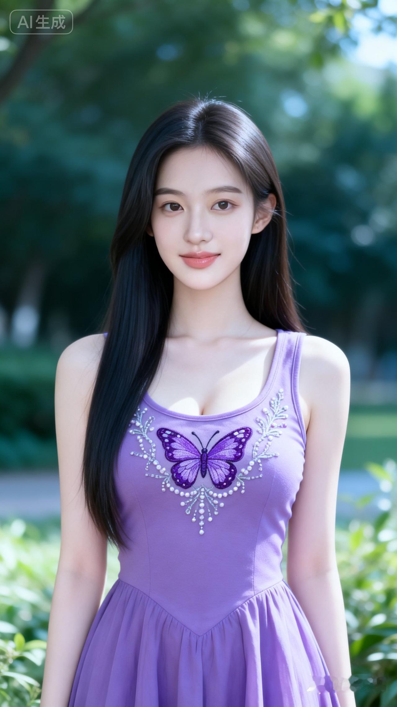 紫色蝴蝶刺绣连衣裙，夏日清新穿搭