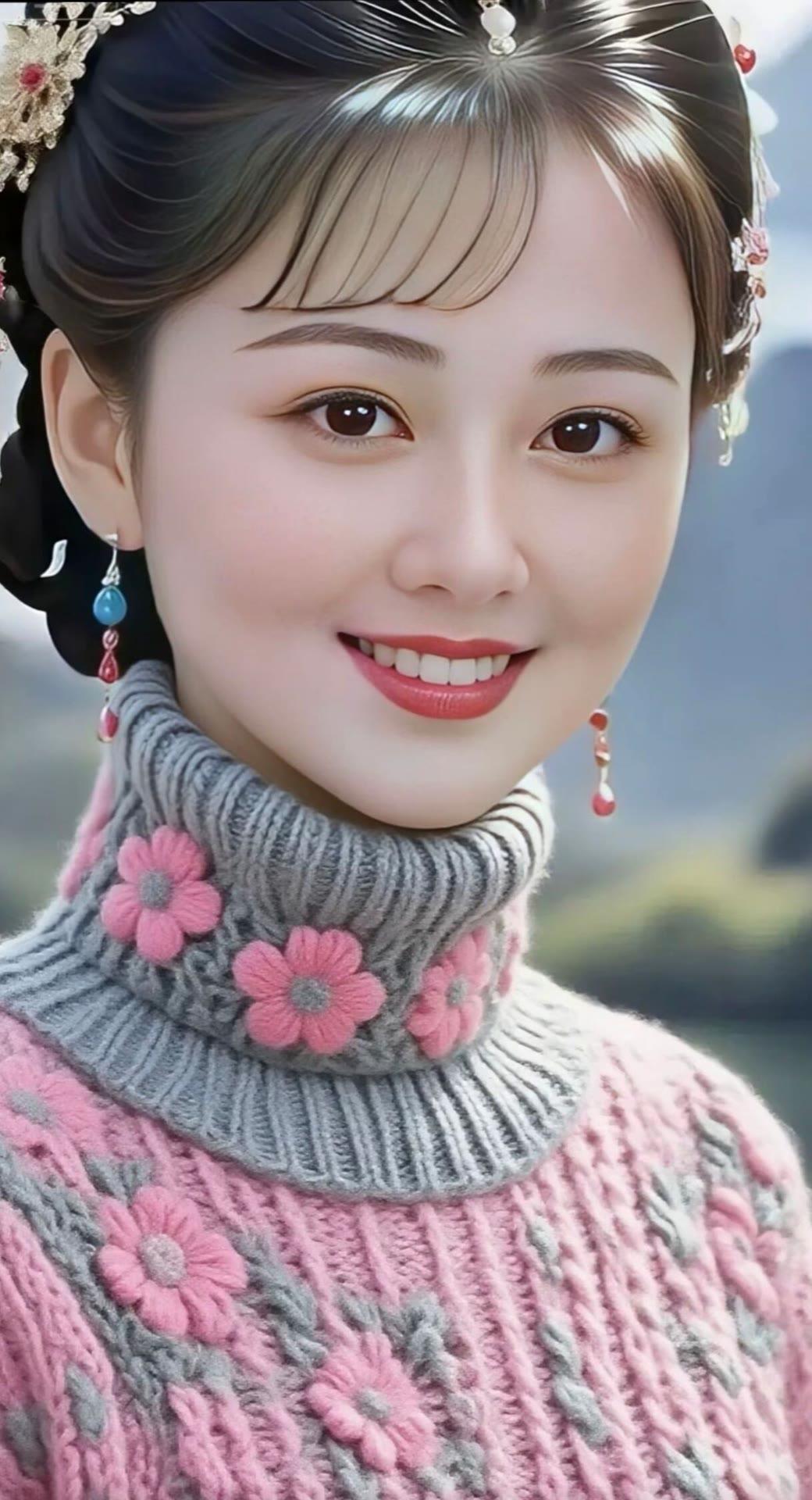 温柔古风少女，粉色花朵毛衣，微笑动人