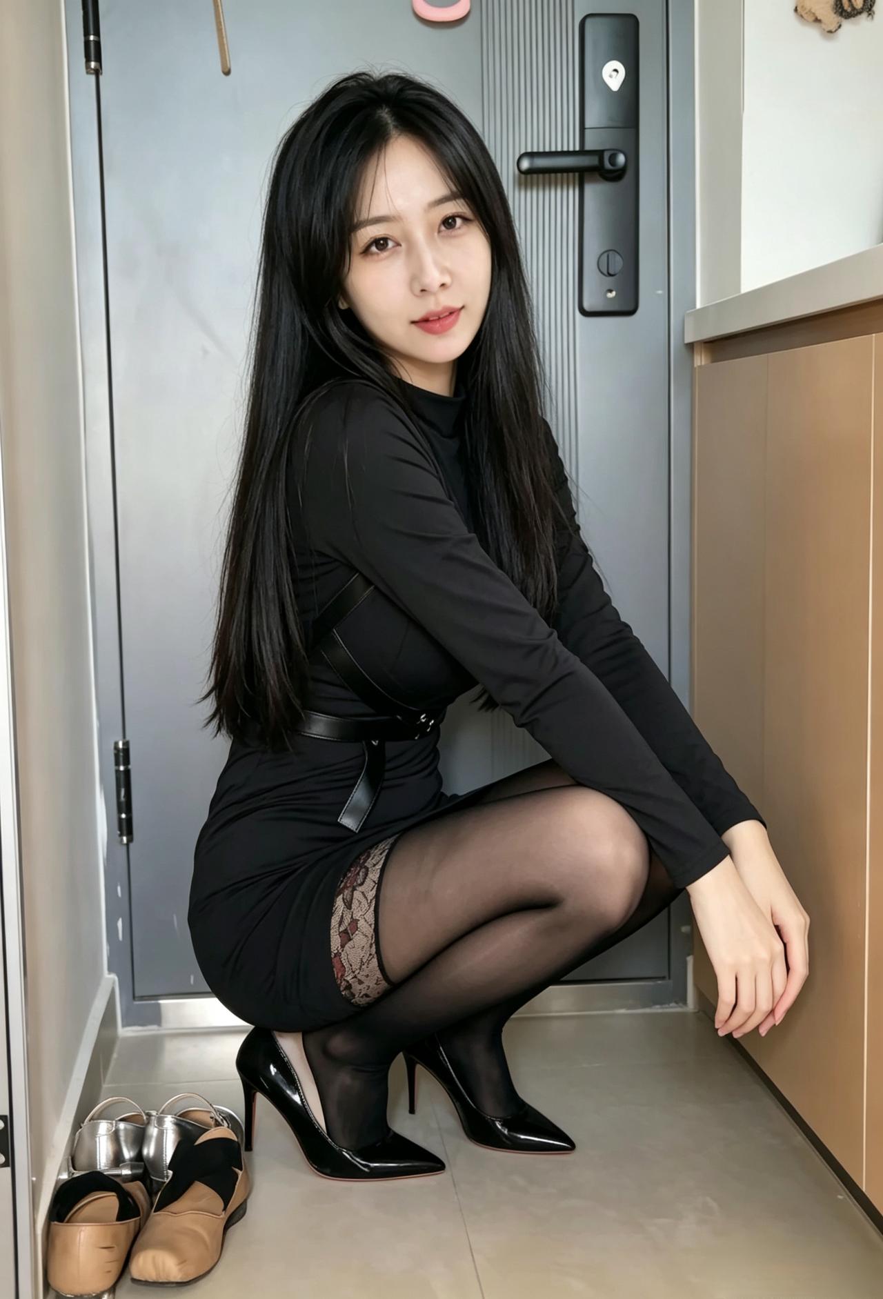 玄关的灯光淡淡洒落一身简约黑衣衬出从容的轮廓举手抬足之间是独属于生活的慵